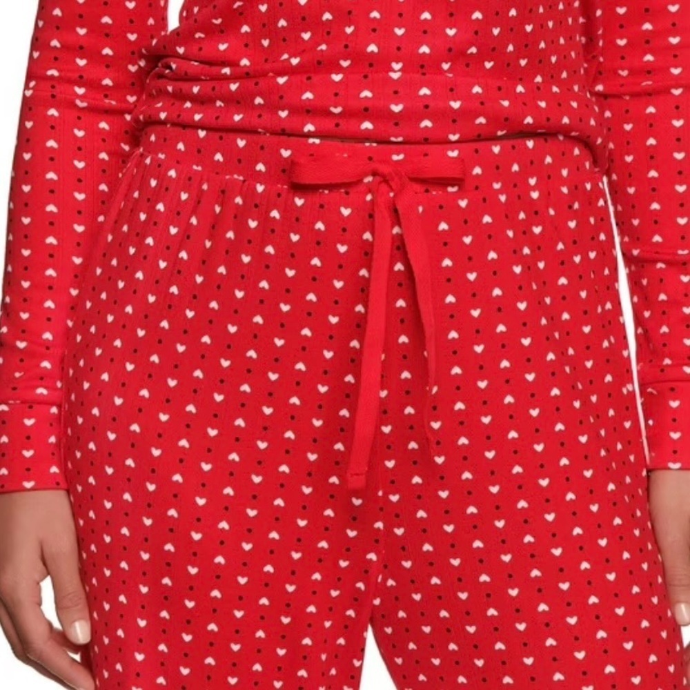 🤍LOFT Women’s Knit Henley Pajama Set Red with White Hearts, Elastic Waist - Picture 3 of 7